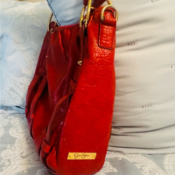 Jessica Simpson Red Leather Shoulder Bag with Gold Accents - Picture 10 of 10
